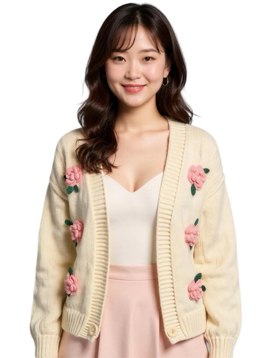 Luna Ivy Sweaters - Luna Ivy Elegant 3D Cream Cardigan Sweater with Pink Floral Details Size S